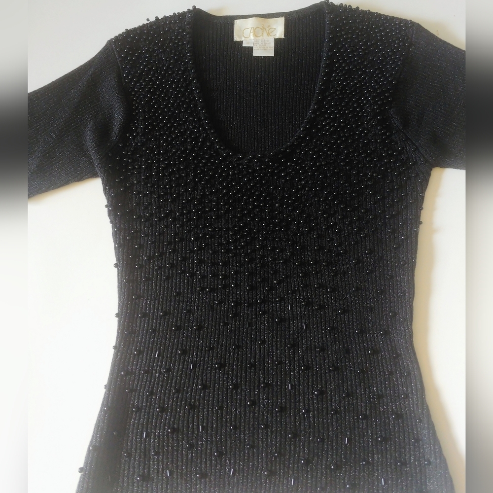 Cache Black Beaded Short Sleeve Top